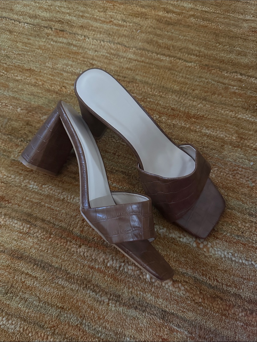 PrettyLittleThing Brown Croc-Embossed Square Toe Block Heel Mules